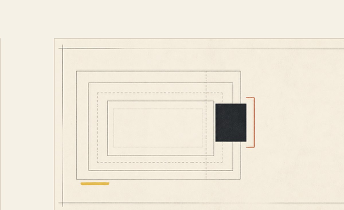 No-text editorial cover: nested rectangles narrowing toward a red bracket, Annotated Paper series